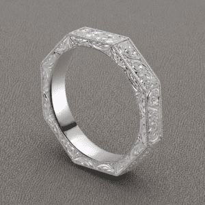 octagon mens wedding ring hand engraved band geometric shape milgrain edges gold platinum orospot