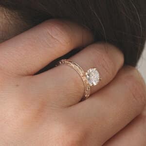 Hand engraved Moissanite engagement ring by OroSpot