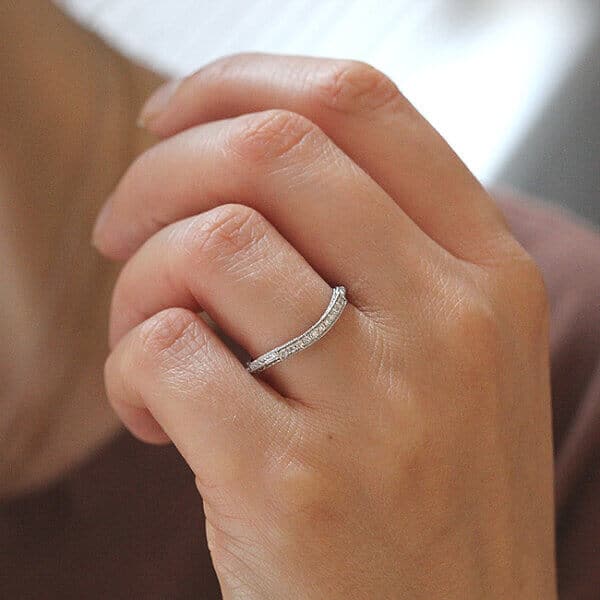 Hand etched vintage curved wedding band diamond pave ring designed by OroSpot
