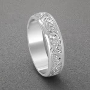 Art Nouveau engraved men’s wedding band 6mm domed profile in gold with hand engraved scroll design and milgrain edges by OroSpot