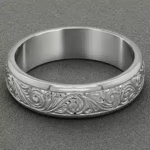 close up of art nouveau mens ring showing hand engraved scrollwork and milgrain edges in high polish finish by orospot