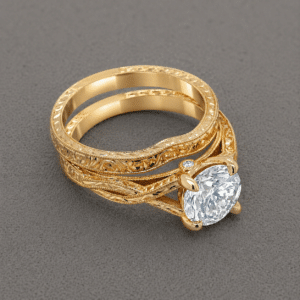 vintage engraved diamond engagement ring set in 18k yellow gold with matching wedding band orospot