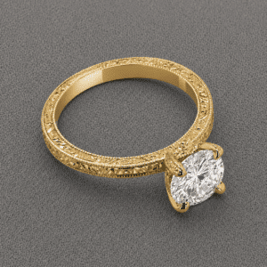 Vintage solitaire round diamond engagement ring with 1.25ct center, hand engraved details, milgrain edges, and crown setting by OroSpot