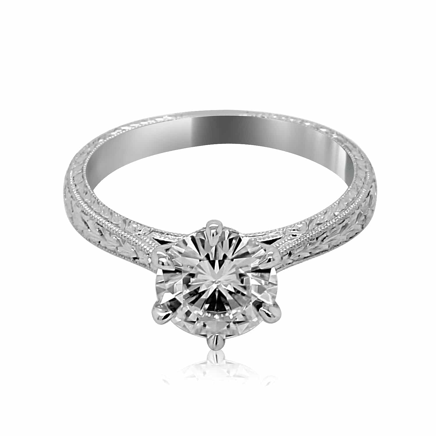 Vintage six-prong solitaire engagement ring setting in 14K gold with hand engraving and milgrain details.