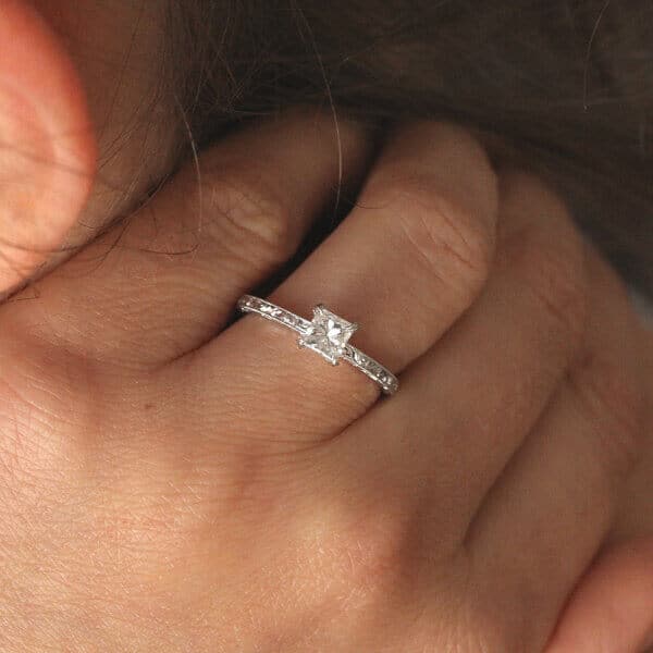 Vintage etched and engraved princess moissanite promise ring by OroSpot