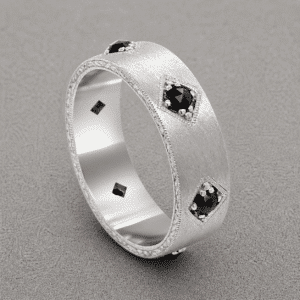 Men’s wedding band with black rose cut diamonds brushed finish engraved sides and milgrain detail in white gold by OroSpot