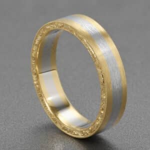 mens two tone wedding ring rose gold white gold engraved band flat profile vintage design orospot