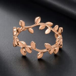 14K rose gold olive branch wedding band featuring detailed leaf engraving and an organic nature-inspired design.