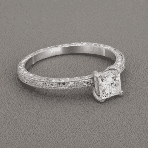 Petite princess cut diamond engagement ring with hand engraved band and milgrain edges in 14k white gold by OroSpot