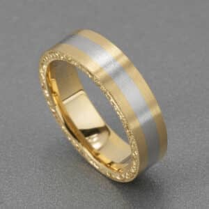 two tone mens wedding band brushed center engraved sides 14k gold white rose gold vintage style orospot