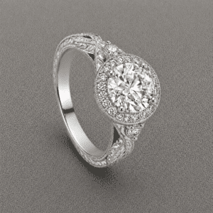 Vintage braided diamond halo engagement ring with 1.5ct lab diamond center, hand engraving, and pavé halo by OroSpot