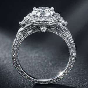 Vintage braided halo engagement ring with a 1.5ct lab-grown diamond, hand engraving, milgrain detailing, and pavé diamonds in white gold.