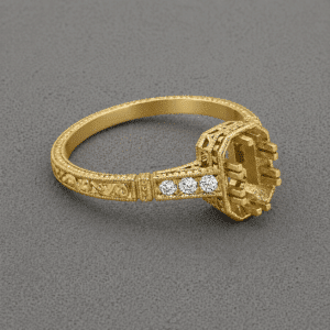 vintage emerald engagement ring setting with micro pave diamonds and hand engraving