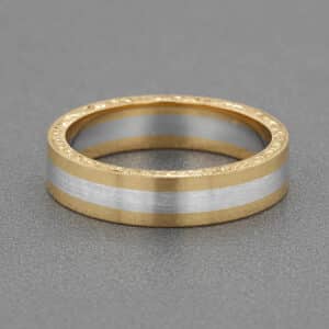vintage two tone mens band brushed finish hand engraved sides 14k gold flat wedding ring orospot