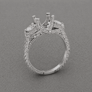 three stone vintage engagement ring setting with engraved shank and milgrain edges