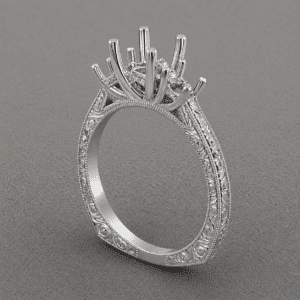 vintage three stone ring setting side view showing round center and side stone mounts
