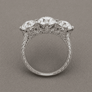 Edwardian vintage inspired 3 stone diamond ring with 7.5mm center and 6.5mm side lab diamonds, hand engraved milgrain OroSpot