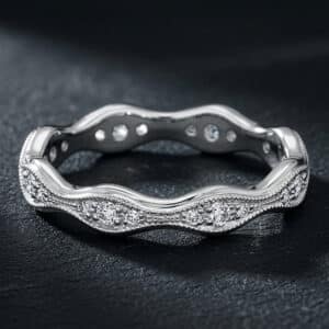 14K white gold diamond wave eternity ring featuring continuous pavé-set diamonds around the entire band.
