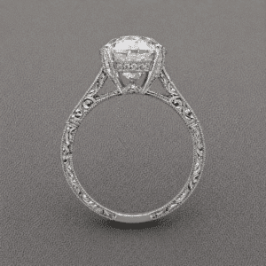 Platinum vintage Art Deco engagement ring with 3ct lab diamond, hand engraved details, milgrain edges, and diamond accents by OroSpot