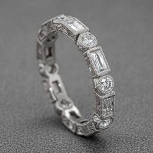 vintage baguette diamond eternity ring hand engraved bezel set diamonds milgrain band orospot