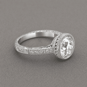 Vintage bezel engagement ring with 1.5ct round lab diamond, hand engraved band and pavé diamonds in 14k yellow gold by OroSpot