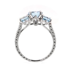 Aquamarine 3 Stone Vintage Diamond Engagament Ring