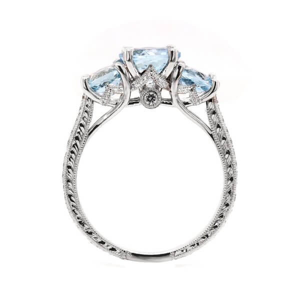 Aquamarine 3 Stone Vintage Diamond Engagament Ring
