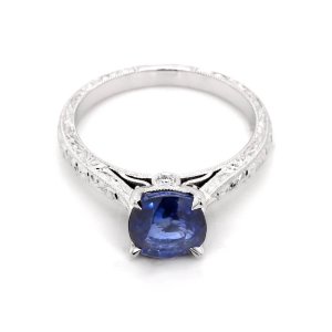 Cushion Sapphire Engagement Ring with hand engraving OroSpot