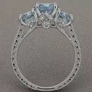 aquamarine trellis 3 stone vintage ring 14k white gold hand engraved pavé diamonds milgrain edges orospot