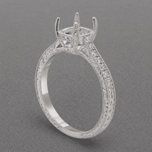 Art Deco pave diamond semi mount with scroll engraving and milgrain detail