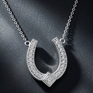 14K white gold diamond horseshoe pendant featuring round and princess-cut diamonds totaling 0.24 carats on a white gold chain.