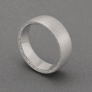 Front view of engraved men’s wedding band with matte finish and milgrain edges by OroSpot