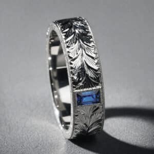 mens sapphire wedding band vintage engraved milgrain edges baguette sapphire 18k gold orospot