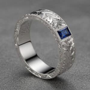 vintage sapphire mens wedding ring baguette cut sapphire engraved band milgrain edges 18k gold orospot