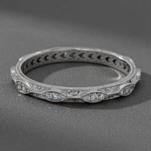engraved art deco diamond band wide marquise style eternity ring milgrain edges orospot