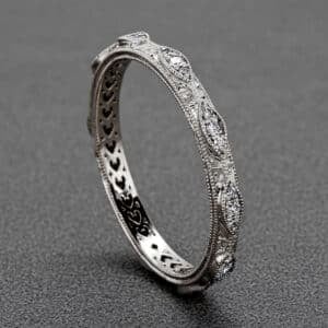 vintage marquise diamond eternity band hand engraved filigree milgrain white gold ring orospot