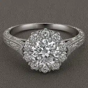 art nouveau diamond ring halo old european cut center moissanite vintage filigree engraved 14k white gold orospot