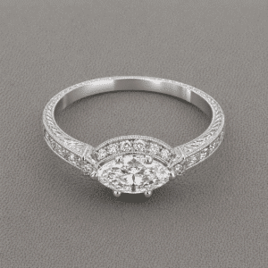 east west marquise engagement ring with lab grown diamond halo french cut baguettes and hand engraving by orospot