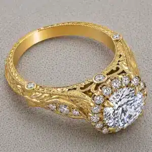 antique halo 1.5ct lab diamond engagement ring hand engraved pavé band milgrain natural side diamonds orospot