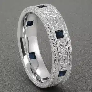 art deco mens wedding band with princess cut blue sapphires and hand engraving in white gold or platinum by orospot