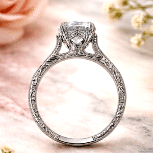 Cathedral vintage diamond engagement ring with certified 2ct lab grown diamond, hand engraved 2mm band and 4 prong setting in white gold.