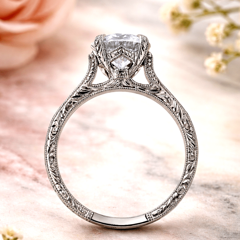 Cathedral vintage diamond engagement ring with certified 2ct lab grown diamond, hand engraved 2mm band and 4 prong setting in white gold.