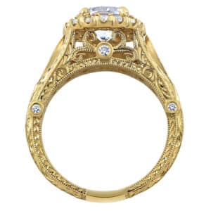 Hand-engraved vintage halo diamond engagement ring in 14K yellow gold with milgrain details and pavé diamond accents