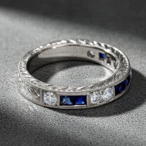 art deco sapphire diamond wedding band milgrain hand engraved 14k white gold orospot