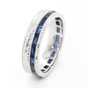 Blue sapphire baguettes wedding ring for a guy