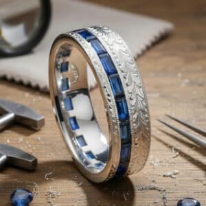 Bold masculine men's wedding ring with hand-engraved details and channel-set blue sapphires in 14K white gold.