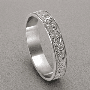 Art Nouveau men’s wedding ring with continuous hand engraved scrollwork and milgrain edges in gold or platinum by OroSpot