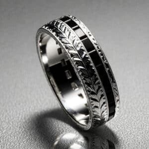 black diamond mens wedding ring channel set baguette diamonds engraved sides white gold band orospot