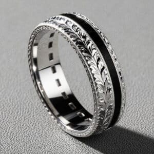 engraved black diamond mens band white gold milgrain edges vintage style channel set diamonds orospot