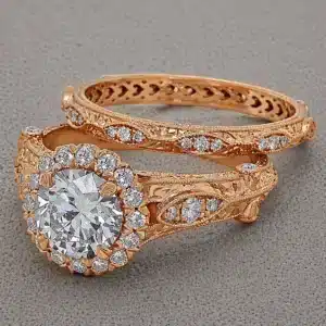 antique 1.5ct lab diamond engagement ring set halo matching wedding band hand engraved milgrain pavé orospot